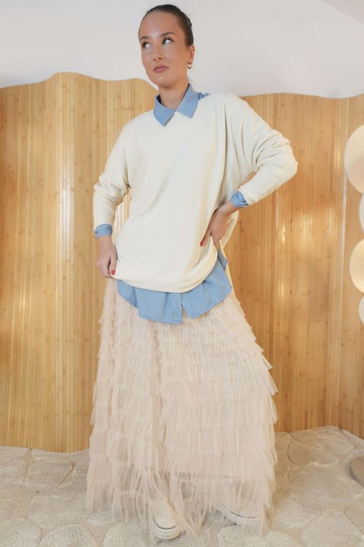 Winnie Ribby Stretch Longline Fine Knit Ecru